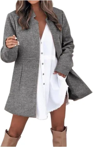 Womens Wool Coats Casual Open Front Notch Lapel Trench Coat Elegant Mid-Long Warm Winter Pea Coats Overcoat