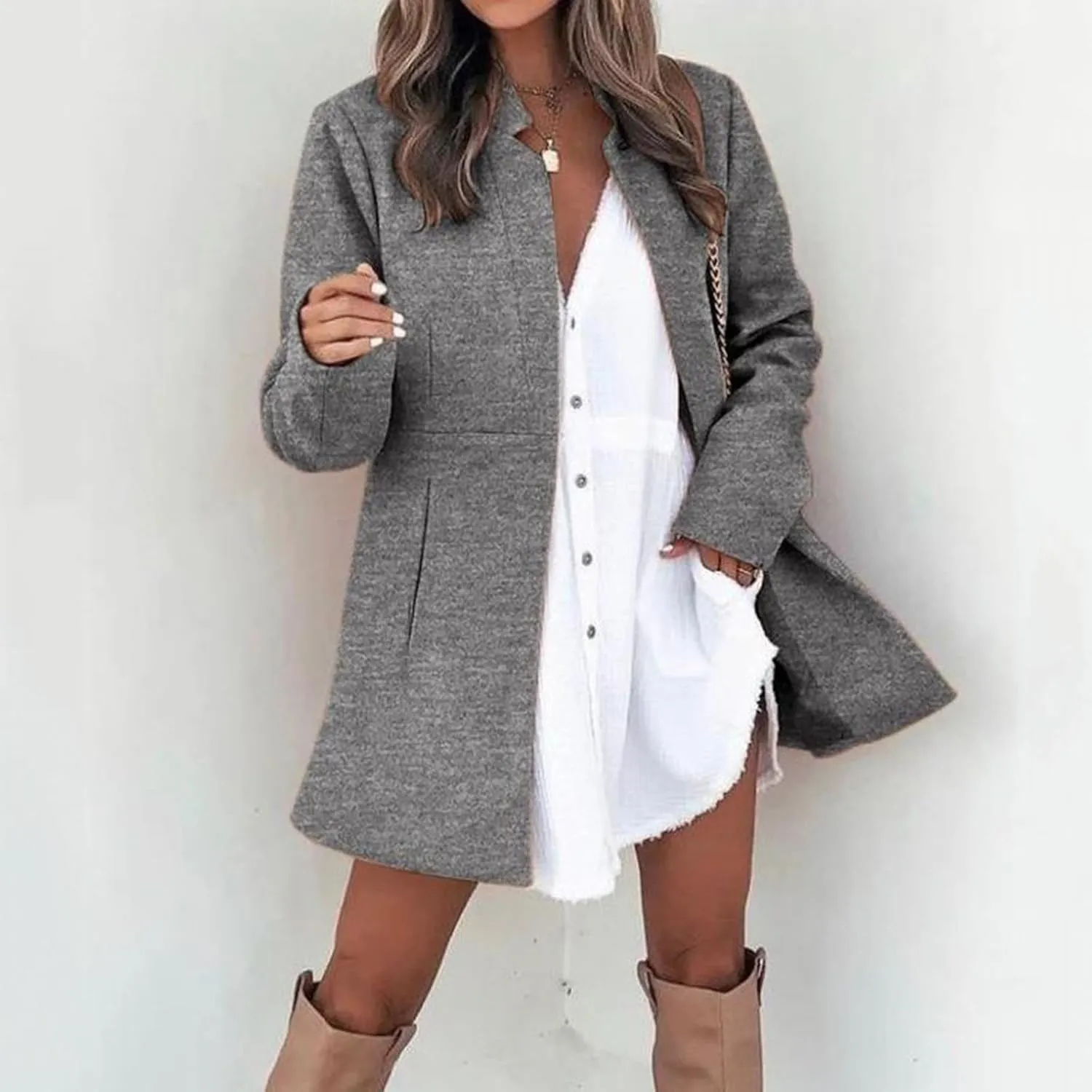 Womens Wool Coats Casual Open Front Notch Lapel Trench Coat Elegant Mid-Long Warm Winter Pea Coats Overcoat