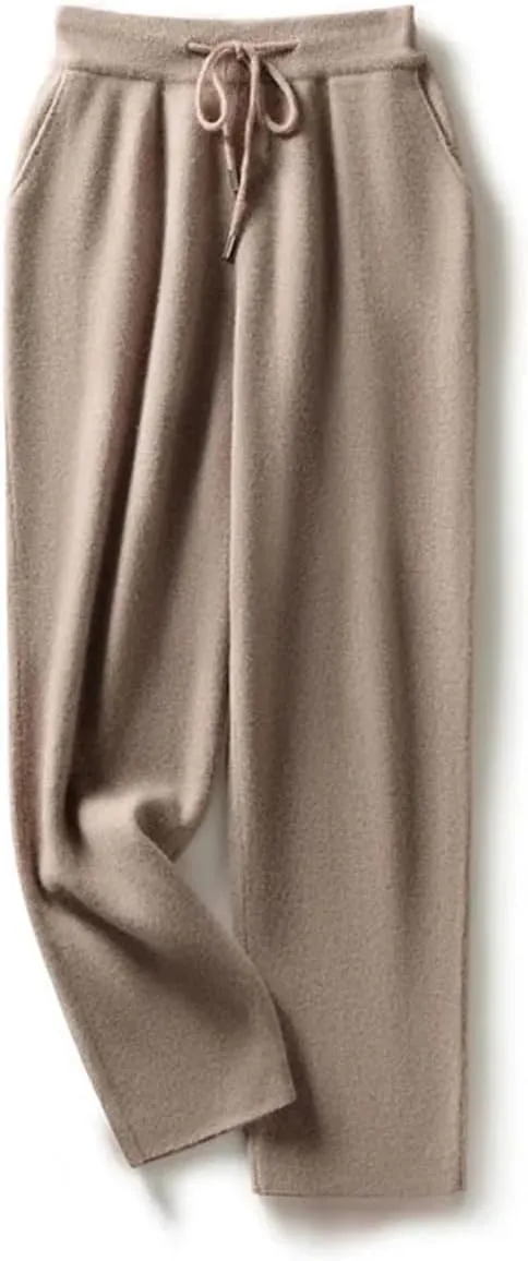Women's Wool Knit Straight Leg Pants Stretch High Waist Solid Color Drawstring Trousers