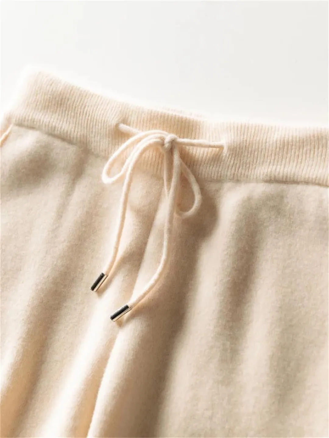 Women's Wool Knit Straight Leg Pants Stretch High Waist Solid Color Drawstring Trousers