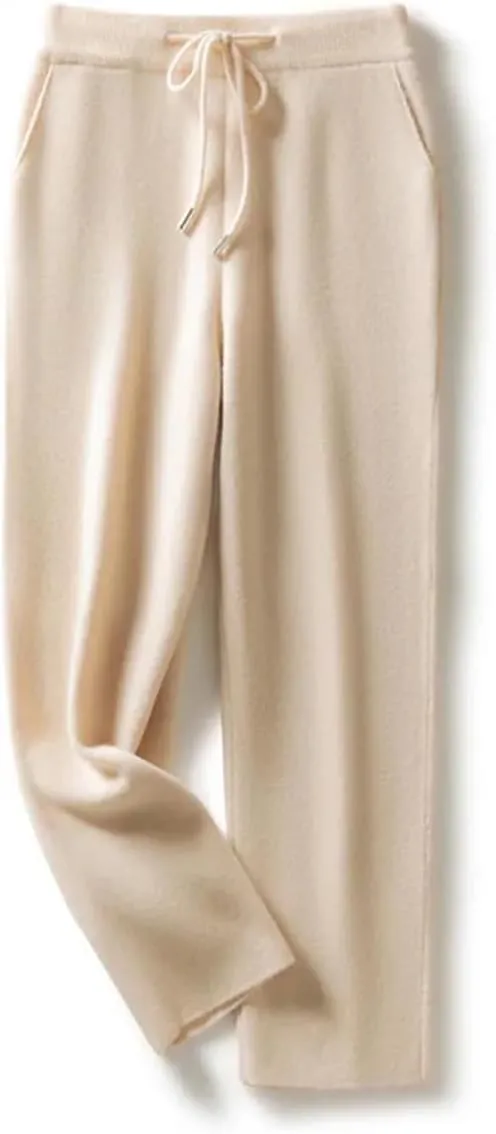 Women's Wool Knit Straight Leg Pants Stretch High Waist Solid Color Drawstring Trousers