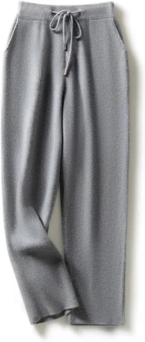 Women's Wool Knit Straight Leg Pants Stretch High Waist Solid Color Drawstring Trousers