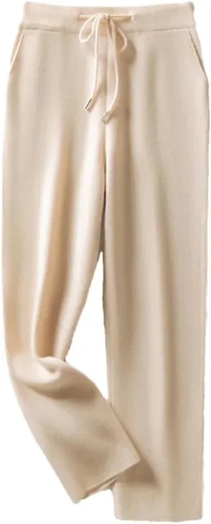 Women's Wool Knit Straight Leg Pants Stretch High Waist Solid Color Drawstring Trousers