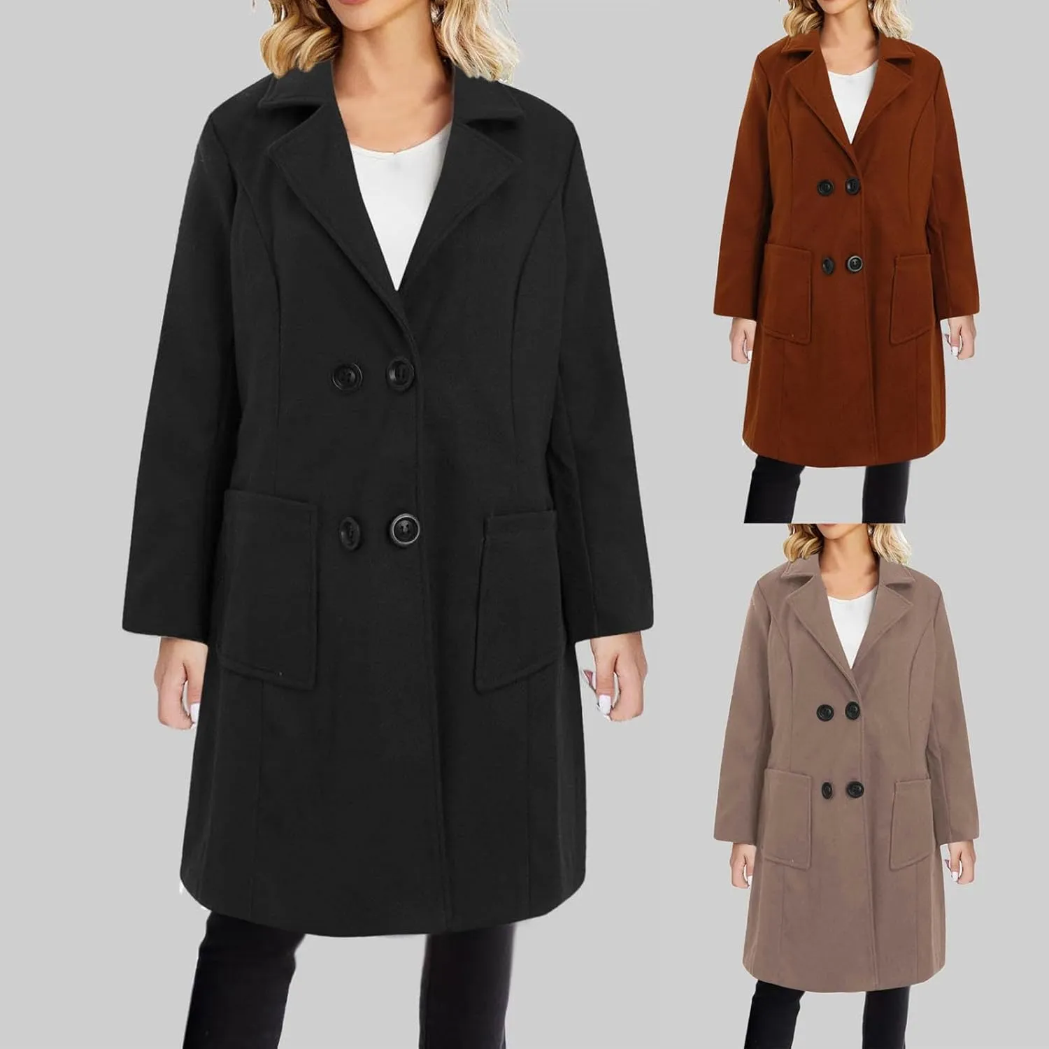 Wool Coats for Women Winter Oversize Lapel Collar Peacoats Double Breasted Long Sleeve Warm Trench Coat With Pockets