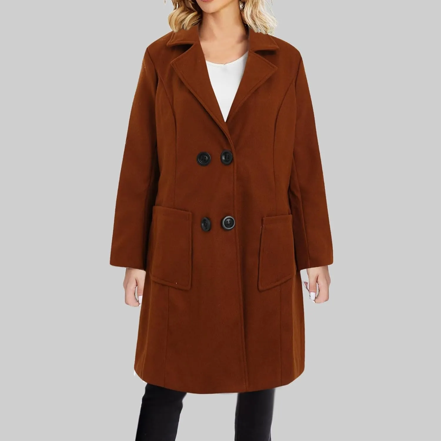 Wool Coats for Women Winter Oversize Lapel Collar Peacoats Double Breasted Long Sleeve Warm Trench Coat With Pockets