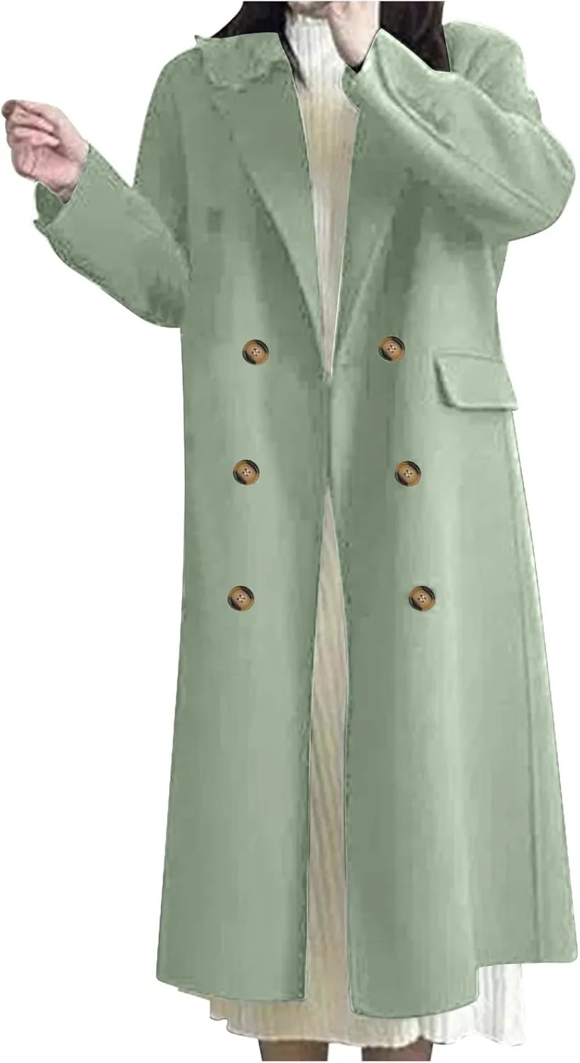 Wool Pea Coat for Women Elegant Lapel Collar Double Breasted Trench Coat Winter Warm Long Overcoats Outwear