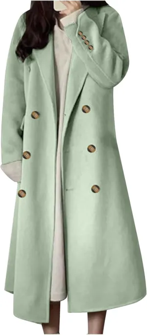 Wool Pea Coat for Women Elegant Lapel Collar Double Breasted Trench Coat Winter Warm Long Overcoats Outwear