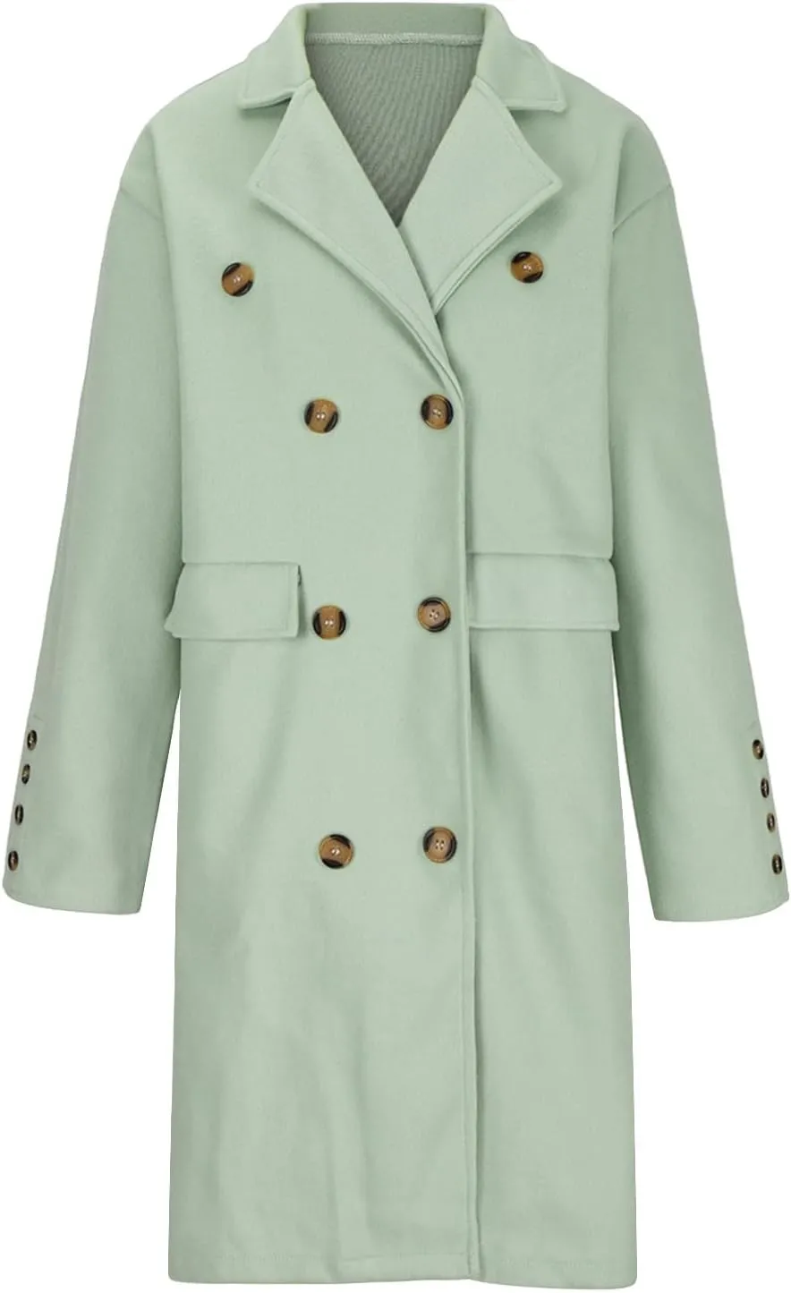 Wool Pea Coat for Women Elegant Lapel Collar Double Breasted Trench Coat Winter Warm Long Overcoats Outwear