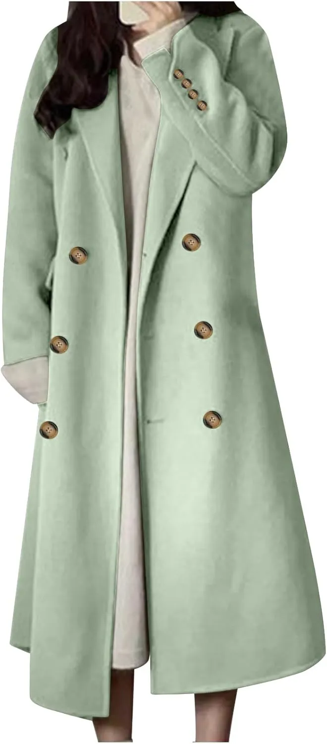 Wool Pea Coat for Women Elegant Lapel Collar Double Breasted Trench Coat Winter Warm Long Overcoats Outwear