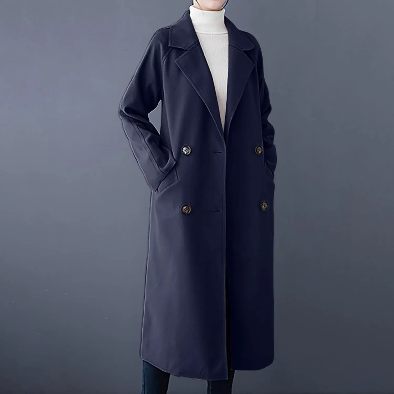 Wool Trench Coat for Women Double-Breasted Casual Work Office Jackets Winter Warm Mid-Long Overcoat With Belt