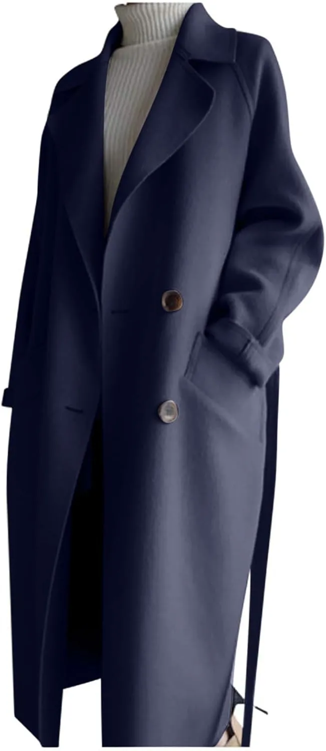 Wool Trench Coat for Women Double-Breasted Casual Work Office Jackets Winter Warm Mid-Long Overcoat With Belt