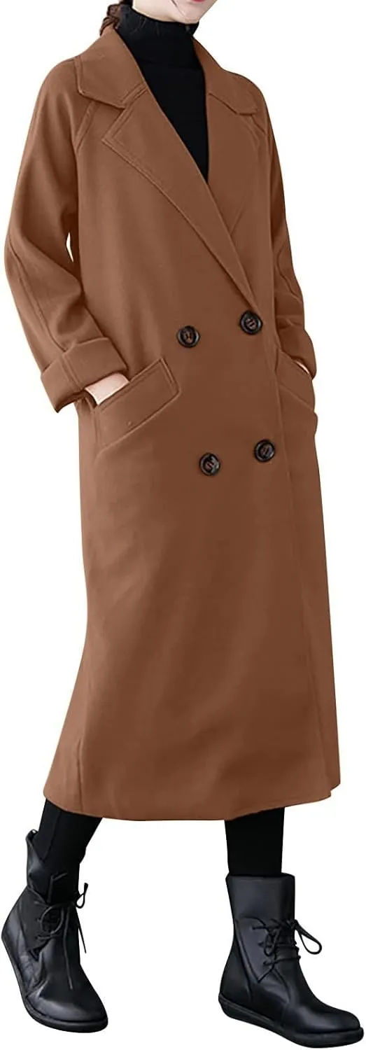 Wool Trench Coat for Women Double-Breasted Casual Work Office Jackets Winter Warm Mid-Long Overcoat With Belt