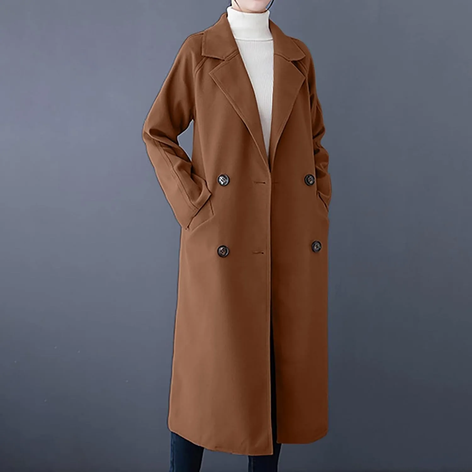 Wool Trench Coat for Women Double-Breasted Casual Work Office Jackets Winter Warm Mid-Long Overcoat With Belt