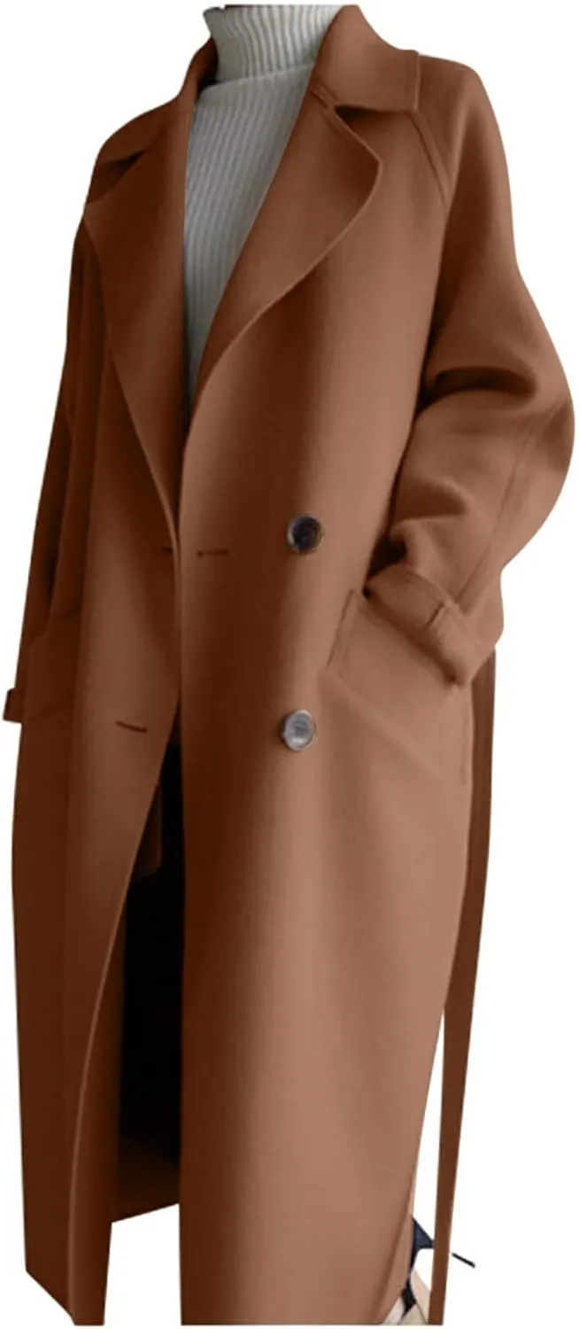 Wool Trench Coat for Women Double-Breasted Casual Work Office Jackets Winter Warm Mid-Long Overcoat With Belt