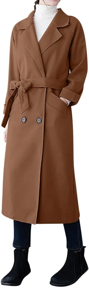 Wool Trench Coat for Women Double-Breasted Casual Work Office Jackets Winter Warm Mid-Long Overcoat With Belt