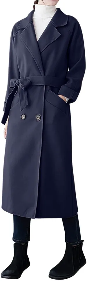 Wool Trench Coat for Women Double-Breasted Casual Work Office Jackets Winter Warm Mid-Long Overcoat With Belt
