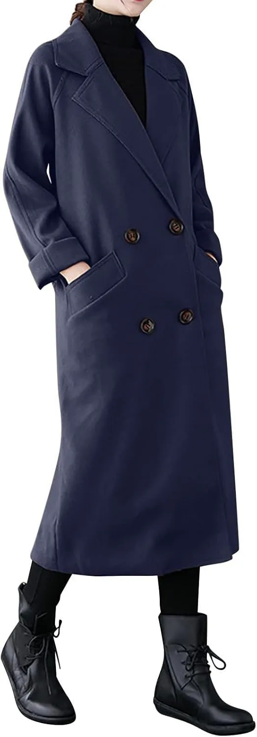 Wool Trench Coat for Women Double-Breasted Casual Work Office Jackets Winter Warm Mid-Long Overcoat With Belt