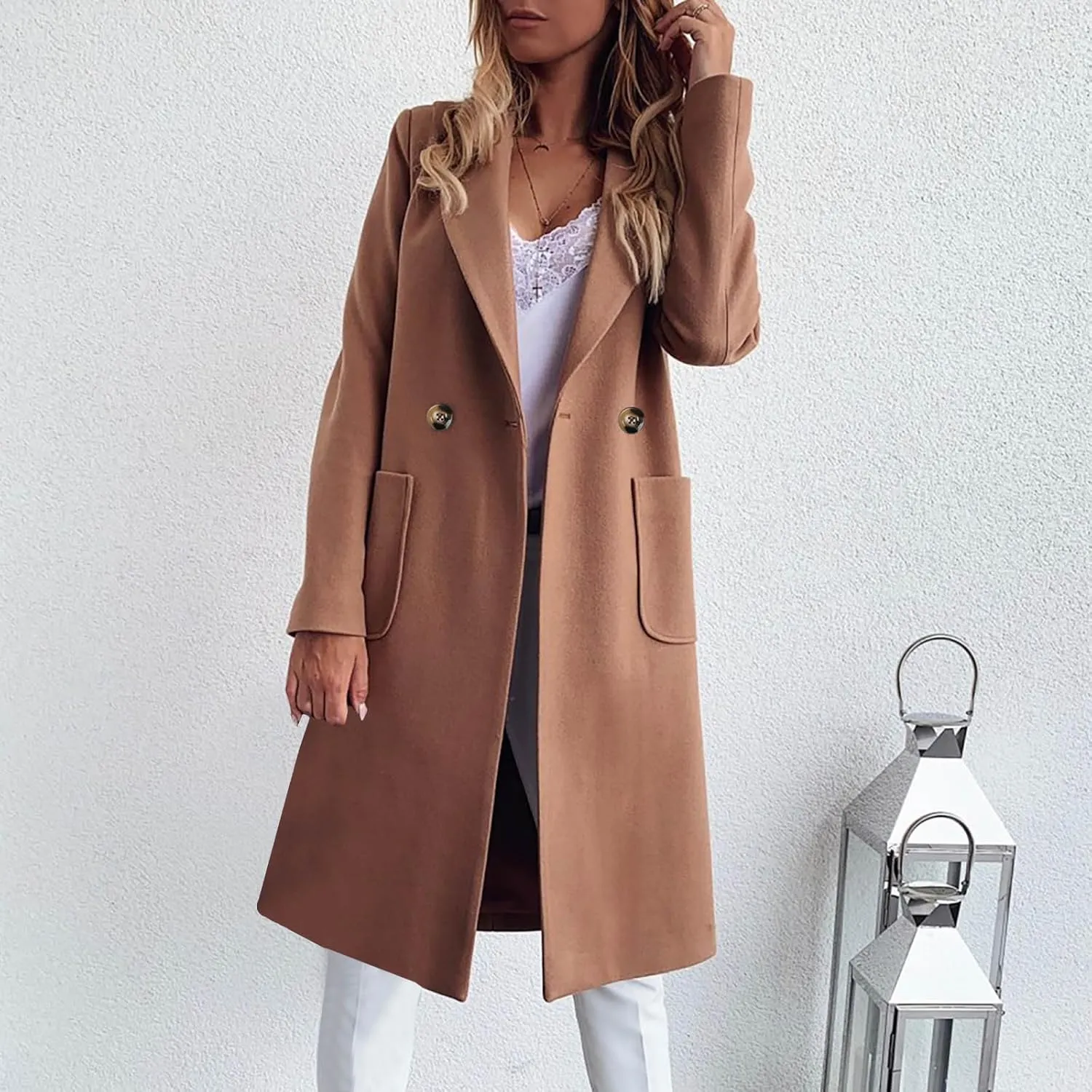 Wool Trench Coat for Women Double Breasted Notched Lapel Peacoat Mid-Long Winter Jackets Overcoats with Pockets