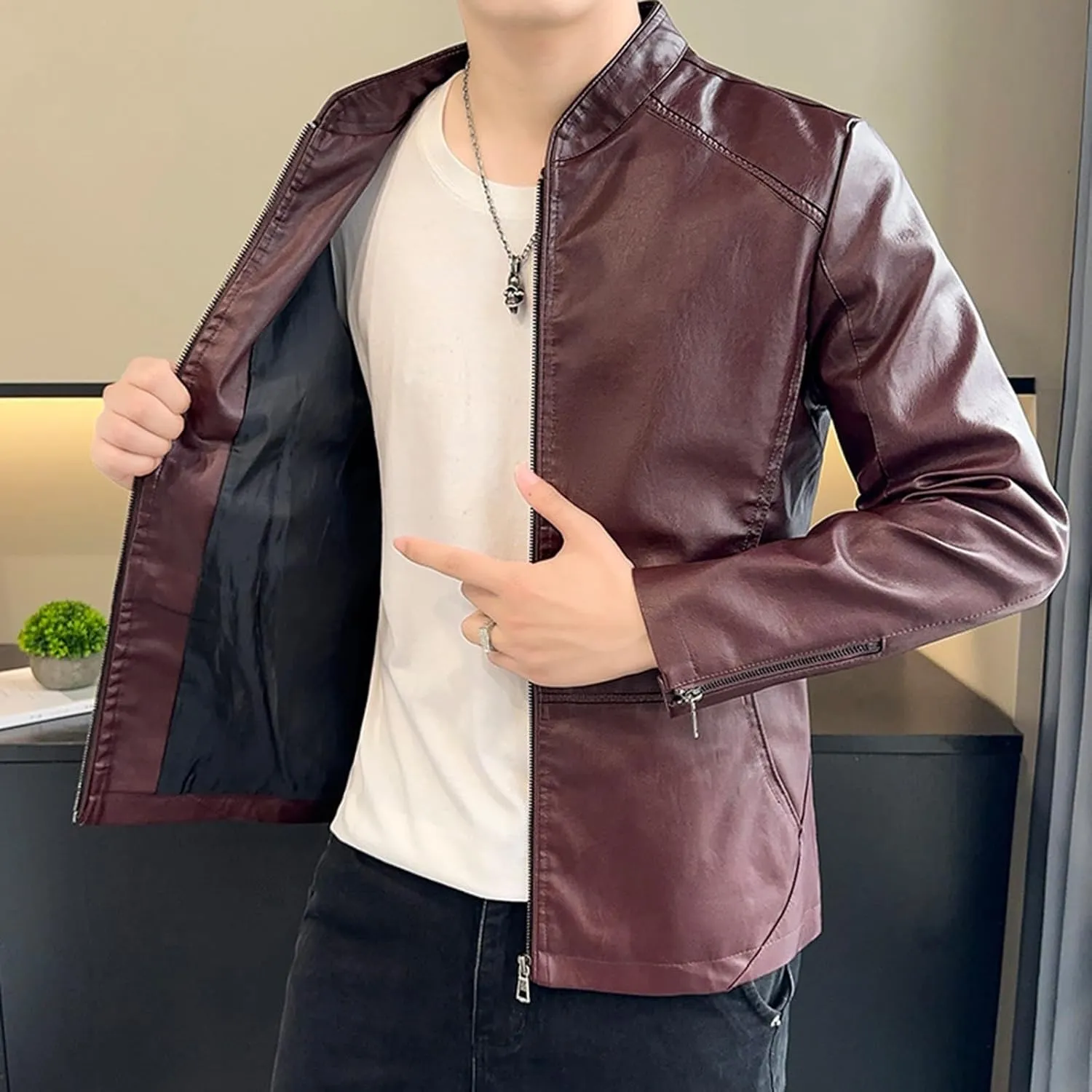 Xiaojmake Men's Leather Biker Jacket Quilted Cafe Racer Zip Up Moto Jackets Vintage Leather Motorcycle Jackets Stylish Fall
