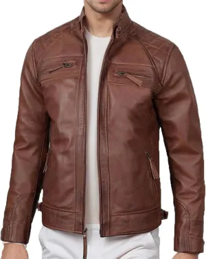 Xiaojmake Men's Leather Biker Jacket Quilted Cafe Racer Zip Up Moto Jackets Vintage Leather Motorcycle Jackets Stylish Fall