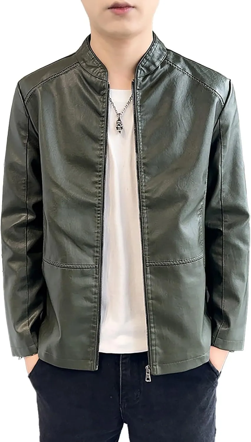 Xiaojmake Men's Leather Biker Jacket Quilted Cafe Racer Zip Up Moto Jackets Vintage Leather Motorcycle Jackets Stylish Fall