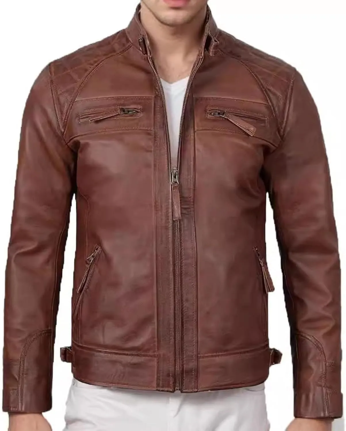 Xiaojmake Men's Leather Biker Jacket Quilted Cafe Racer Zip Up Moto Jackets Vintage Leather Motorcycle Jackets Stylish Fall