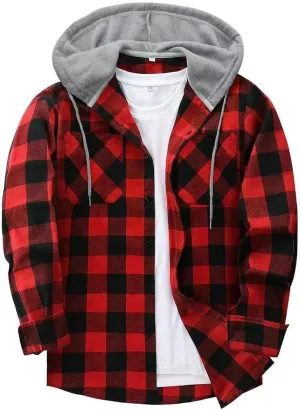 Xiaojmake Men's Sherpa Lined Coat Plaid Flannel Jacket Button Down Drawstring Hooded Shirt Jacket Winter Warm Shaggy Shacket
