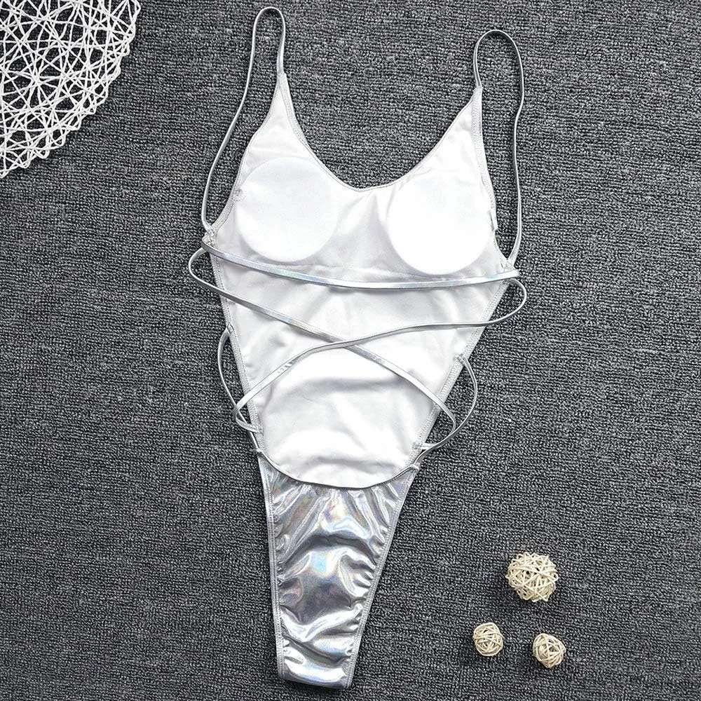 YAUASOPA Sexy Liquid Metallic Glitter One Piece Push Up Swimsuit Female Shiny Solid High Cut Beachwear