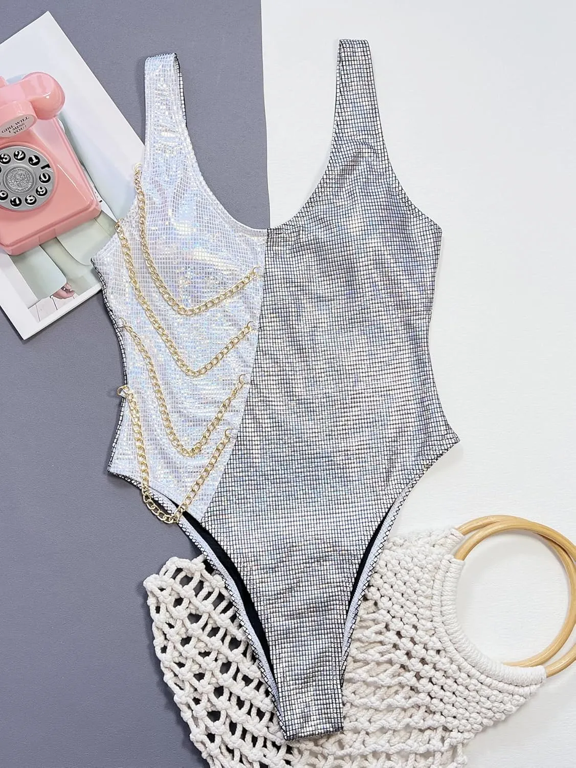 YAUASOPA Sexy Liquid Metallic Glitter One Piece Push Up Swimsuit Female Shiny Solid High Cut Beachwear