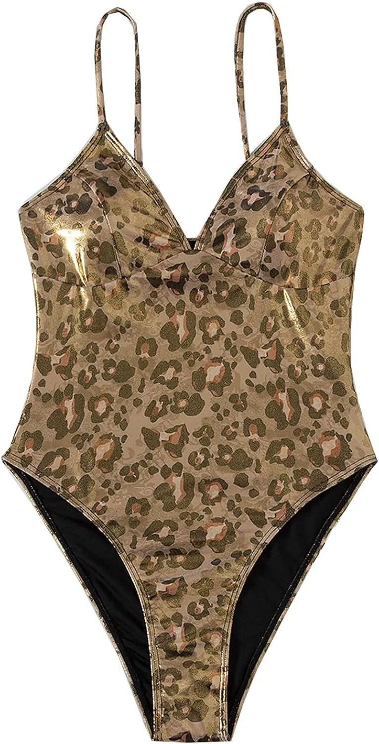 YAUASOPA Sexy Liquid Metallic Glitter One Piece Push Up Swimsuit Female Shiny Solid High Cut Beachwear