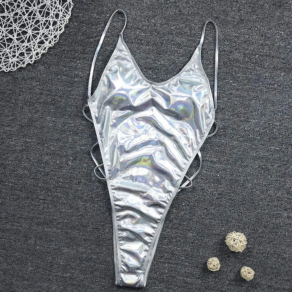 YAUASOPA Sexy Liquid Metallic Glitter One Piece Push Up Swimsuit Female Shiny Solid High Cut Beachwear