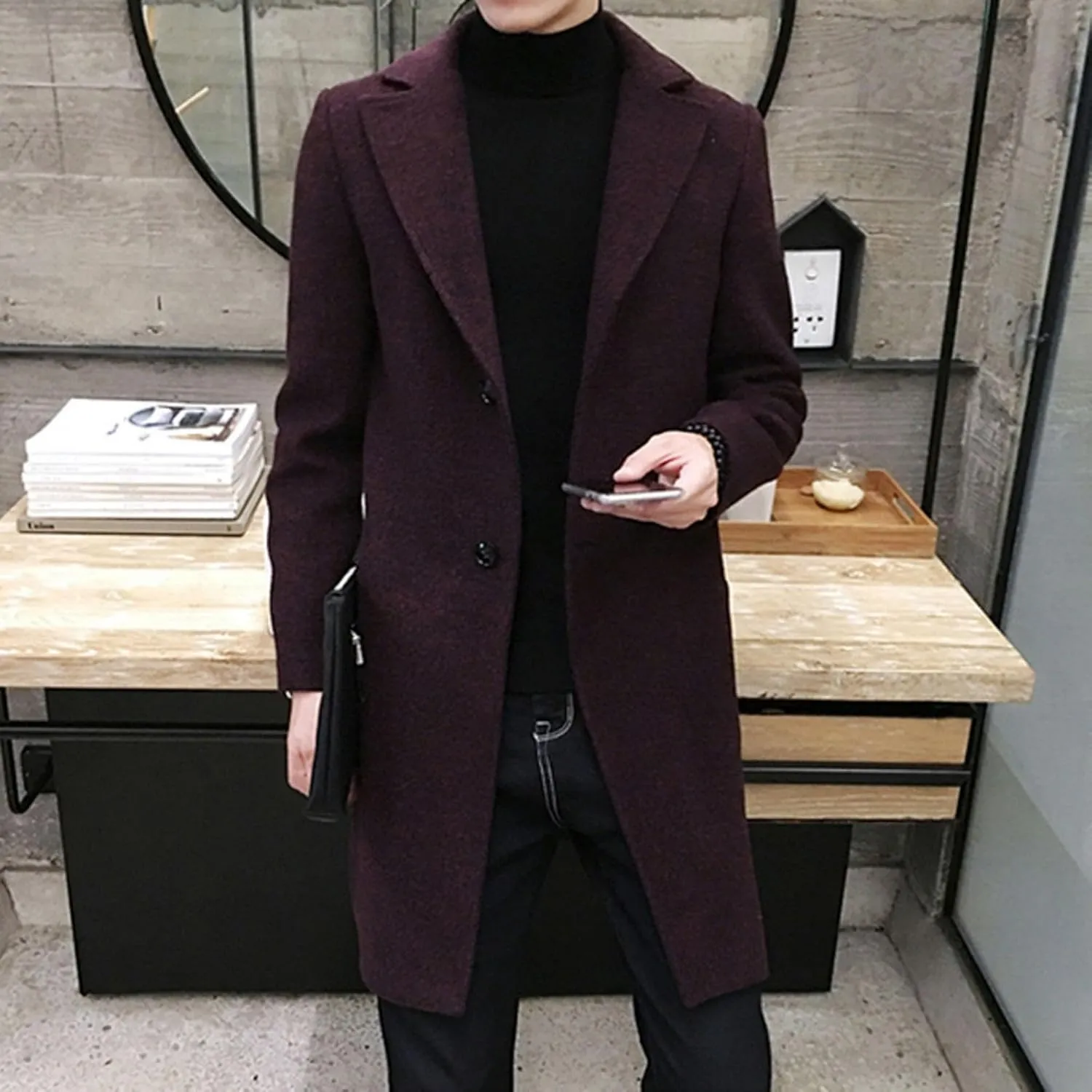 Ymosrh Men's Winter Coat Long Trench Notched Lapel Single Breasted Pea Coat Mens, M-5XL