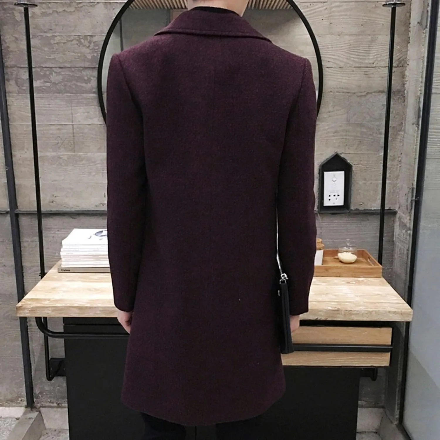 Ymosrh Men's Winter Coat Long Trench Notched Lapel Single Breasted Pea Coat Mens, M-5XL