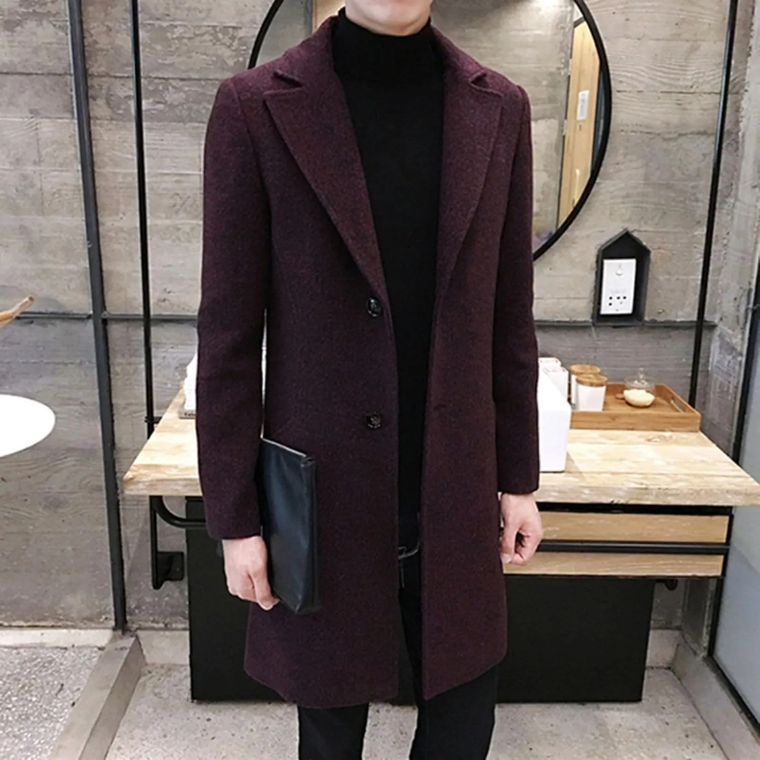 Ymosrh Men's Winter Coat Long Trench Notched Lapel Single Breasted Pea Coat Mens, M-5XL