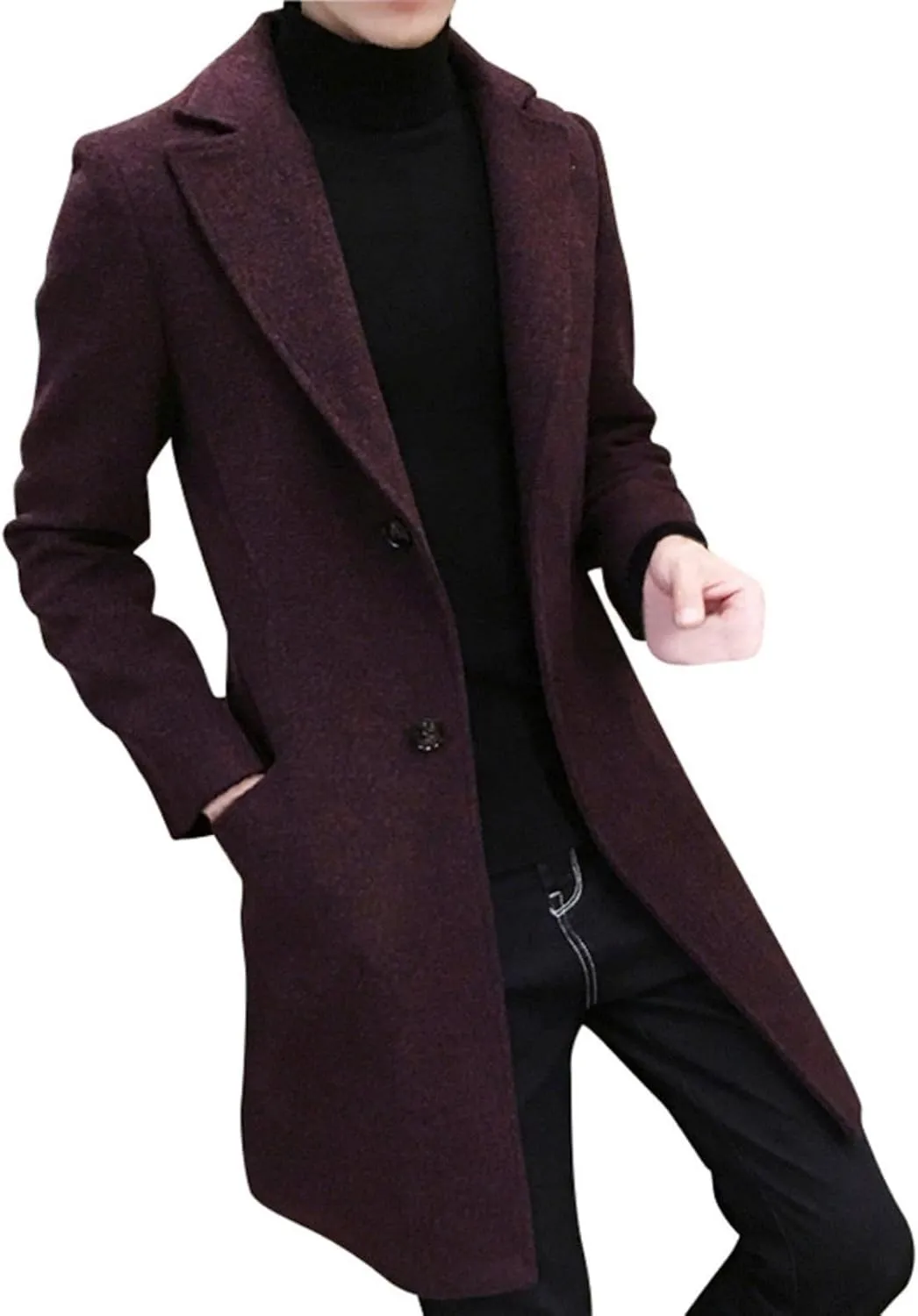 Ymosrh Men's Winter Coat Long Trench Notched Lapel Single Breasted Pea Coat Mens, M-5XL
