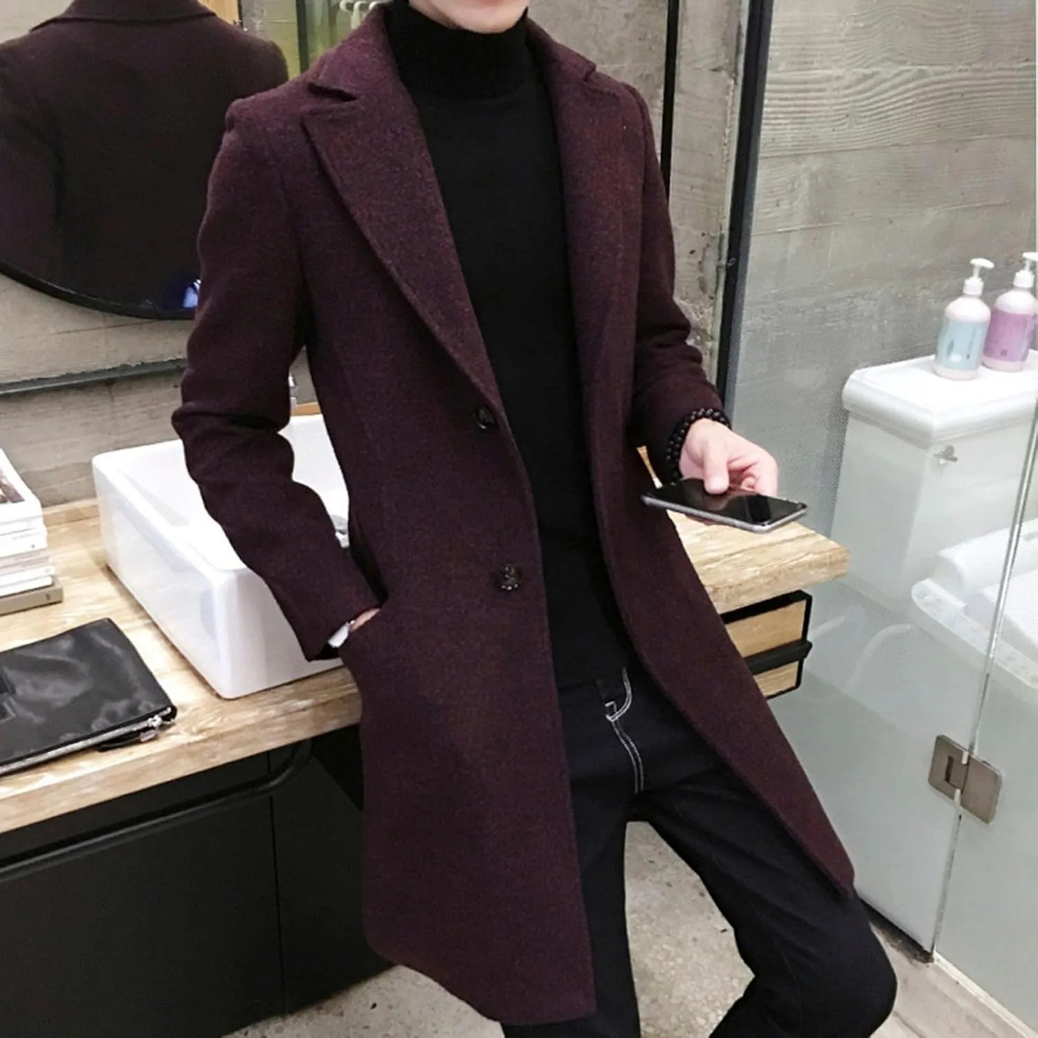 Ymosrh Men's Winter Coat Long Trench Notched Lapel Single Breasted Pea Coat Mens, M-5XL