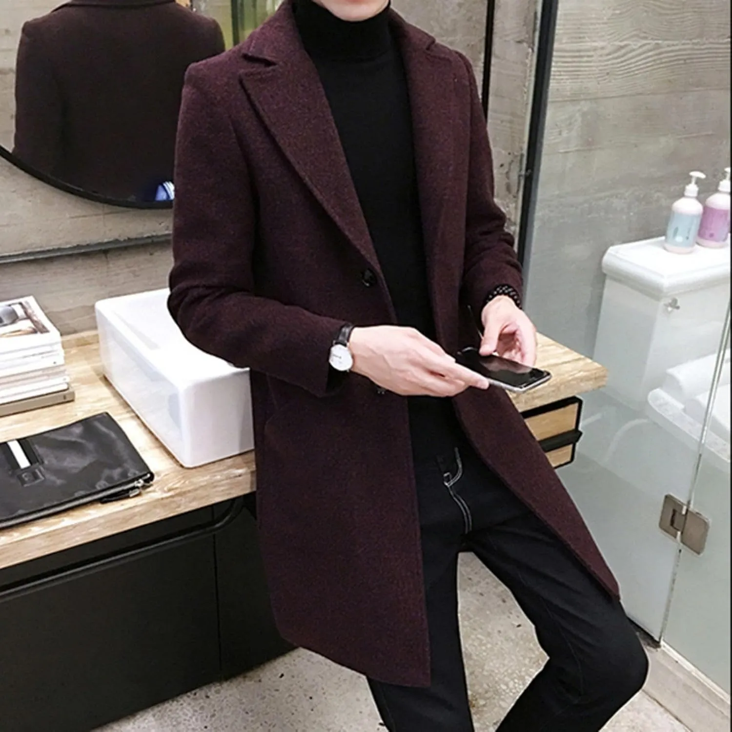 Ymosrh Men's Winter Coat Long Trench Notched Lapel Single Breasted Pea Coat Mens, M-5XL
