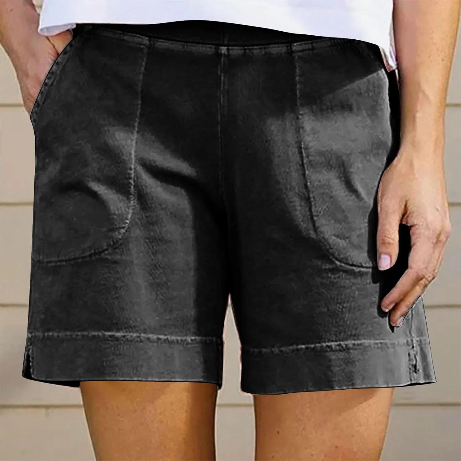 YRAETENM Linen Shorts Women Casual Cotton Bermuda Shorts Summer Elastic Waisted Short Vacation Beach Outfits with Pockets