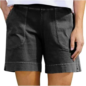 YRAETENM Linen Shorts Women Casual Cotton Bermuda Shorts Summer Elastic Waisted Short Vacation Beach Outfits with Pockets