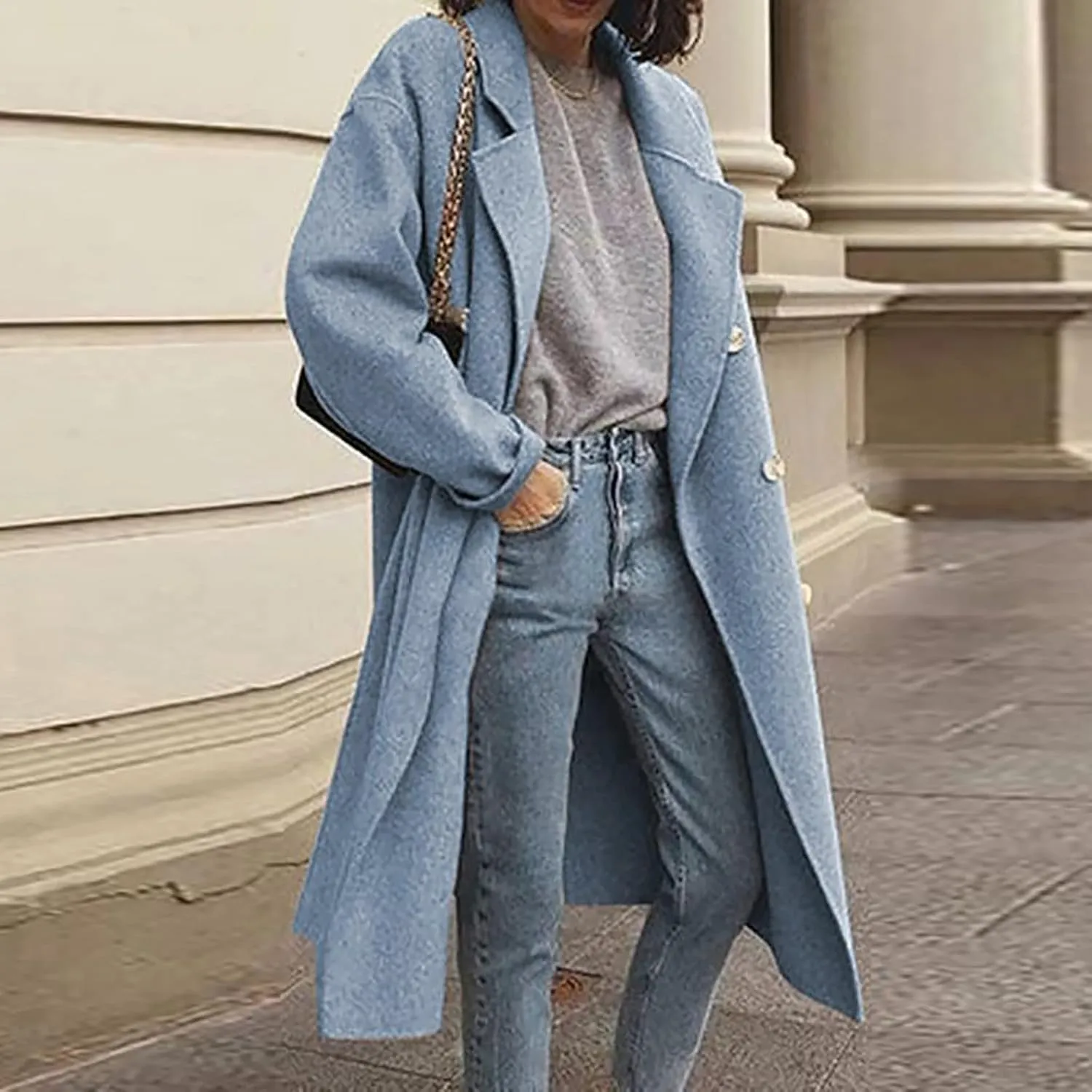 YRAETENM Winter Trench Coat Women Classic Double Breasted Wool Pea Coat Fashion Elegant Notched Lapel Warm Overcoat Jacket