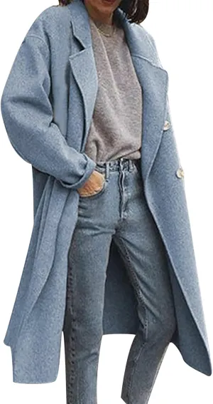 YRAETENM Winter Trench Coat Women Classic Double Breasted Wool Pea Coat Fashion Elegant Notched Lapel Warm Overcoat Jacket
