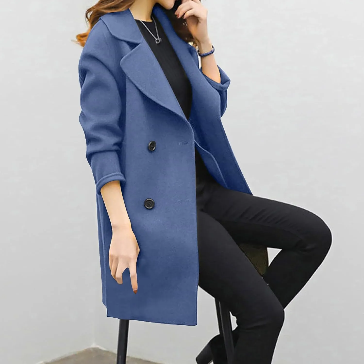 YRAETENM Womens Long Double Breasted Coats Elegant Elegant Notch Collar Wool Blend over Coat Fall Winter Trench Coat Outwear