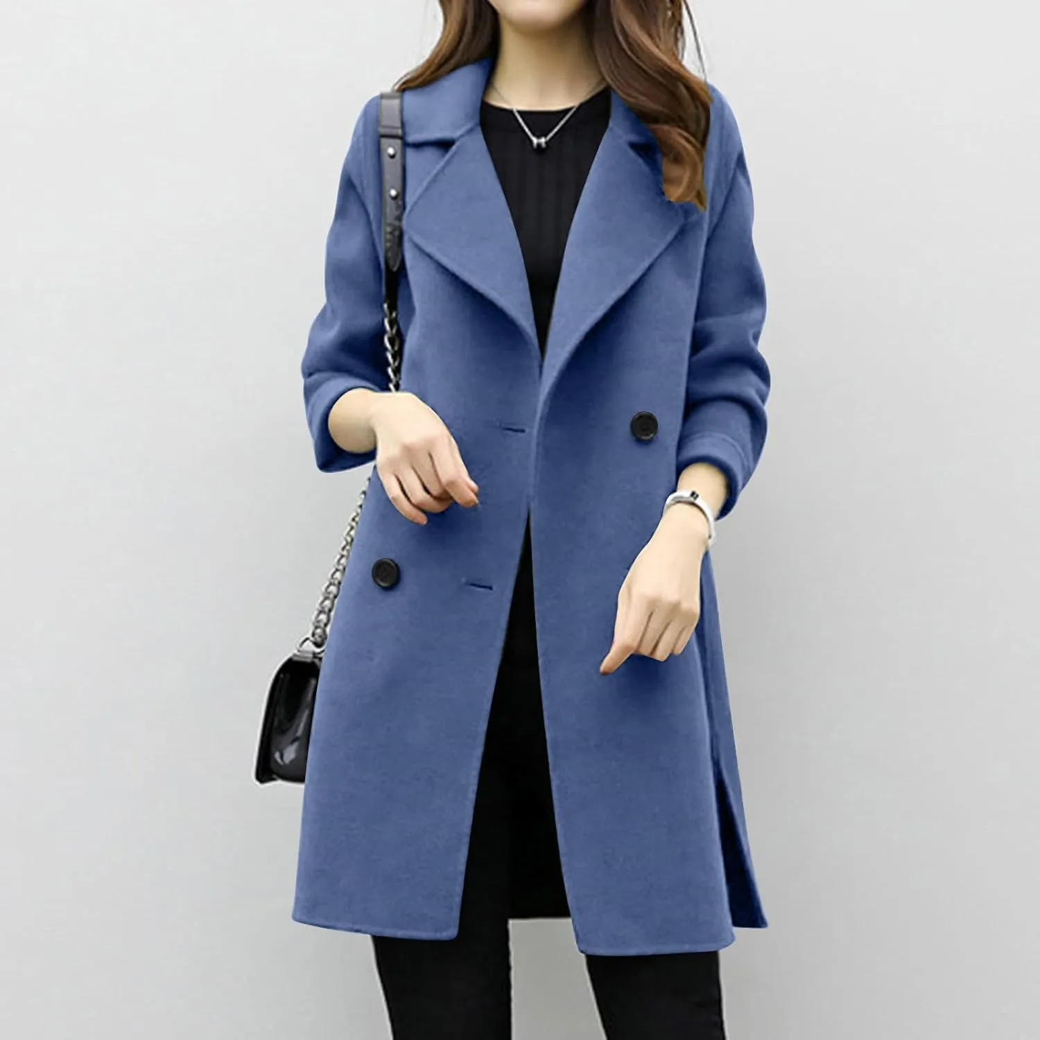 YRAETENM Womens Long Double Breasted Coats Elegant Elegant Notch Collar Wool Blend over Coat Fall Winter Trench Coat Outwear