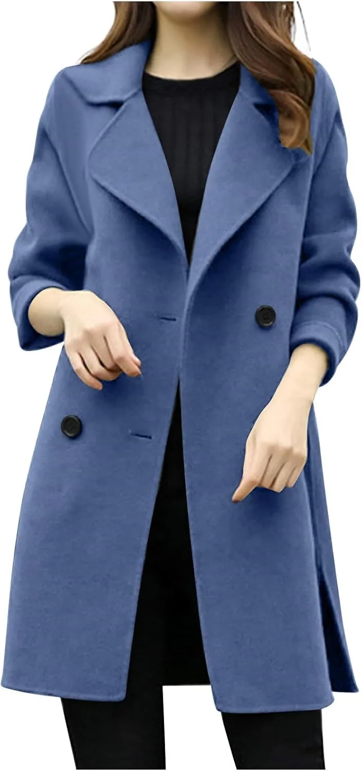 YRAETENM Womens Long Double Breasted Coats Elegant Elegant Notch Collar Wool Blend over Coat Fall Winter Trench Coat Outwear
