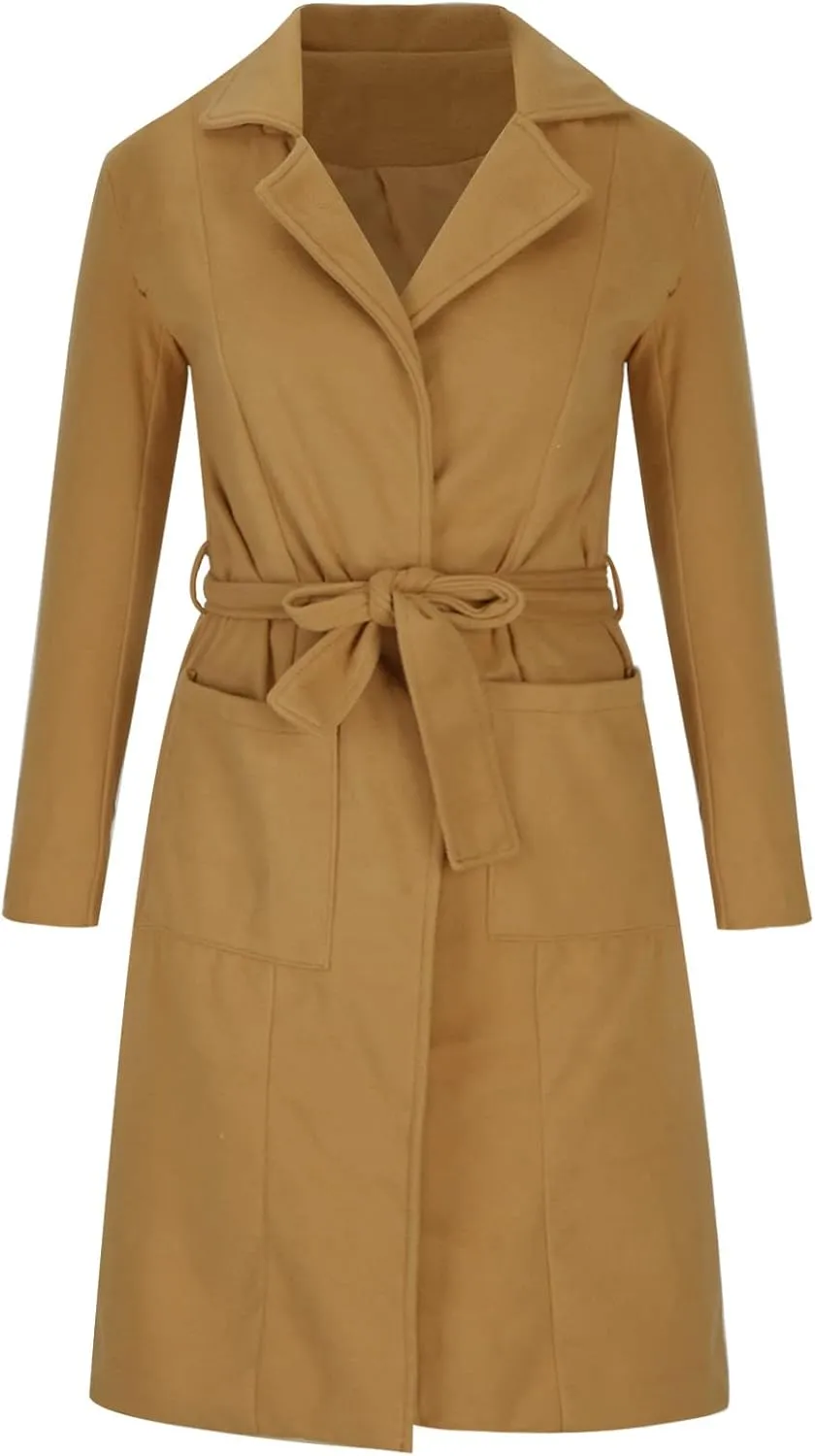 YRAETENM Women's Notch Lapel Collar Pea Coat Casual Fall Winter Long Wool Blend Coat Thick Warm Overcoat Outerwear with Belt