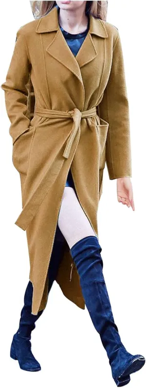 YRAETENM Women's Notch Lapel Collar Pea Coat Casual Fall Winter Long Wool Blend Coat Thick Warm Overcoat Outerwear with Belt