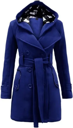 YRAETENM Women's Trench Coats Double Breasted Pea Coat Hooded Long Winter Jacket Warm Windproof Belted Outwear with Pocket