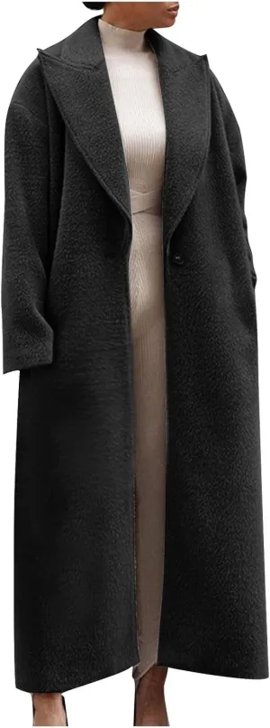 YRAETENM Women's Wool Blend Coat Oversized Notch Lapel Ankle Length Business Pea Coats Casual Open Front Winter Trench Coats