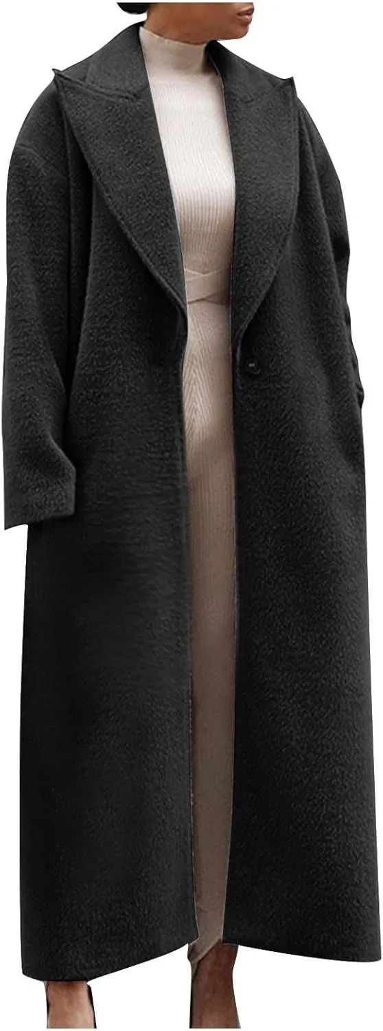 YRAETENM Women's Wool Blend Coat Oversized Notch Lapel Ankle Length Business Pea Coats Casual Open Front Winter Trench Coats
