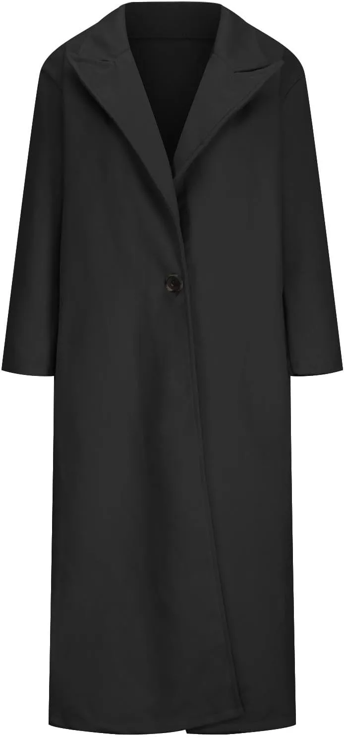 YRAETENM Women's Wool Blend Coat Oversized Notch Lapel Ankle Length Business Pea Coats Casual Open Front Winter Trench Coats